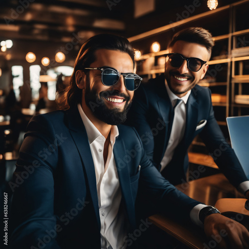 Handsome young man in suit and sunglasses is using a laptop and smiling while sitting in cafe, Businessman