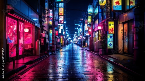 a realistic pc desktop wallpaper of a futuristic cyberpunk japanese tokyo city narrow street road at night. pink and purple neon lights on bar boards screens. 16:9 ratio. Generative AI © SayLi