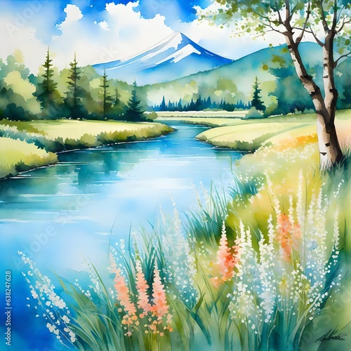 painting of a lake in the mountains 