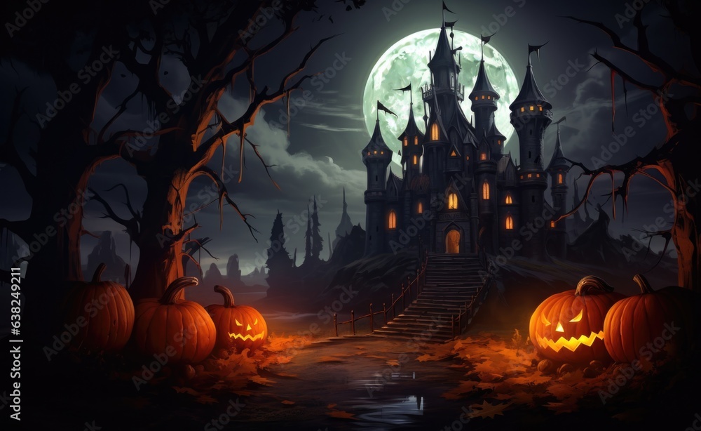 a black castle in the night with pumpkins in the yard near a full moon, in the style background a black castle in the night with pumpkins in the yard near a full moon, in the style background