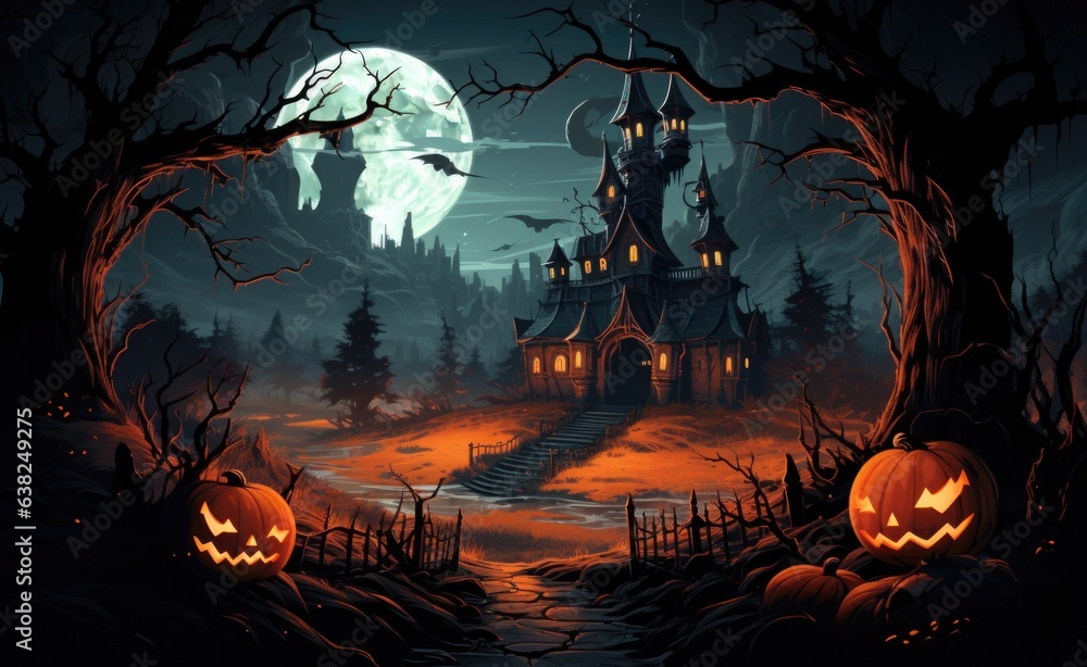 a black castle in the night with pumpkins in the yard near a full moon, in the style background