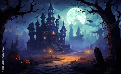 a black castle in the night with pumpkins in the yard near a full moon, in the style background
