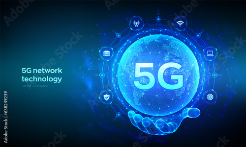 5G network wireless systems and internet of things technology concept. Smart city communication network. 5G wireless mobile internet wifi connection. Earth planet globe in hand. Vector Illustration.