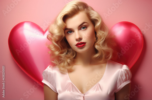 Portrait of a young beautiful, fashionable, romantic girl who has a big pink heart. Minimal Valentine's Day symbol of love