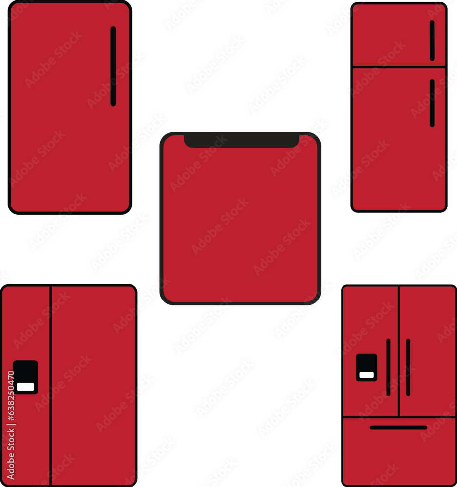 set of red Refrigerators flat icons. Fridge types, freezer, wine cooler