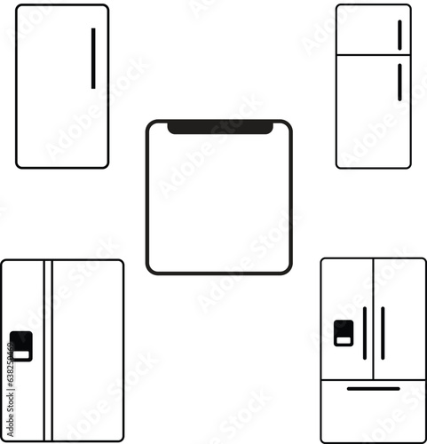 set of Refrigerators line icons. Fridge types, freezer, wine cooler, commercial major appliance, refrigerated display case, isolated on white background.