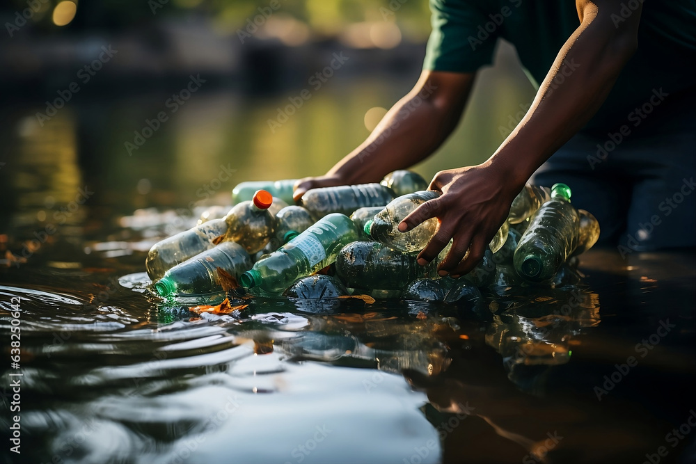 Someone collecting rubbish in a lake. Recycling in the lagoon. Sustainability Generative AI.