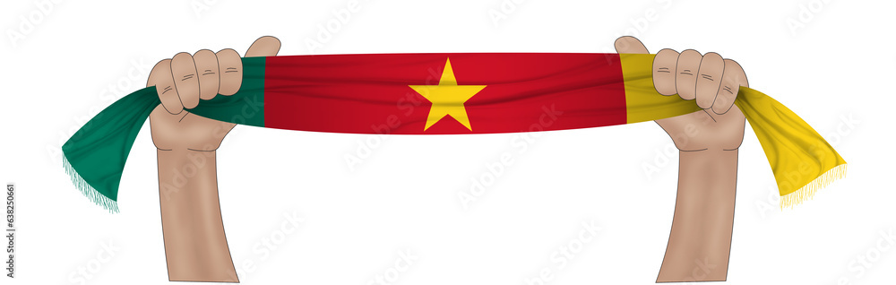 3D illustration. Hand holding flag of Cameroon on a fabric ribbon background. 3D illustration. Hand holding flag of Cameroon on a fabric ribbon background.