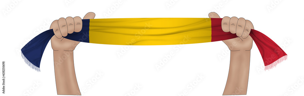 3D illustration. Hand holding flag of Chad on a fabric ribbon background. 3D illustration. Hand holding flag of Chad on a fabric ribbon background.