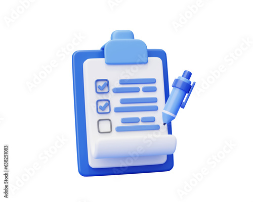 Clipboard with pen checklist form report checkbox business 3d background illustration