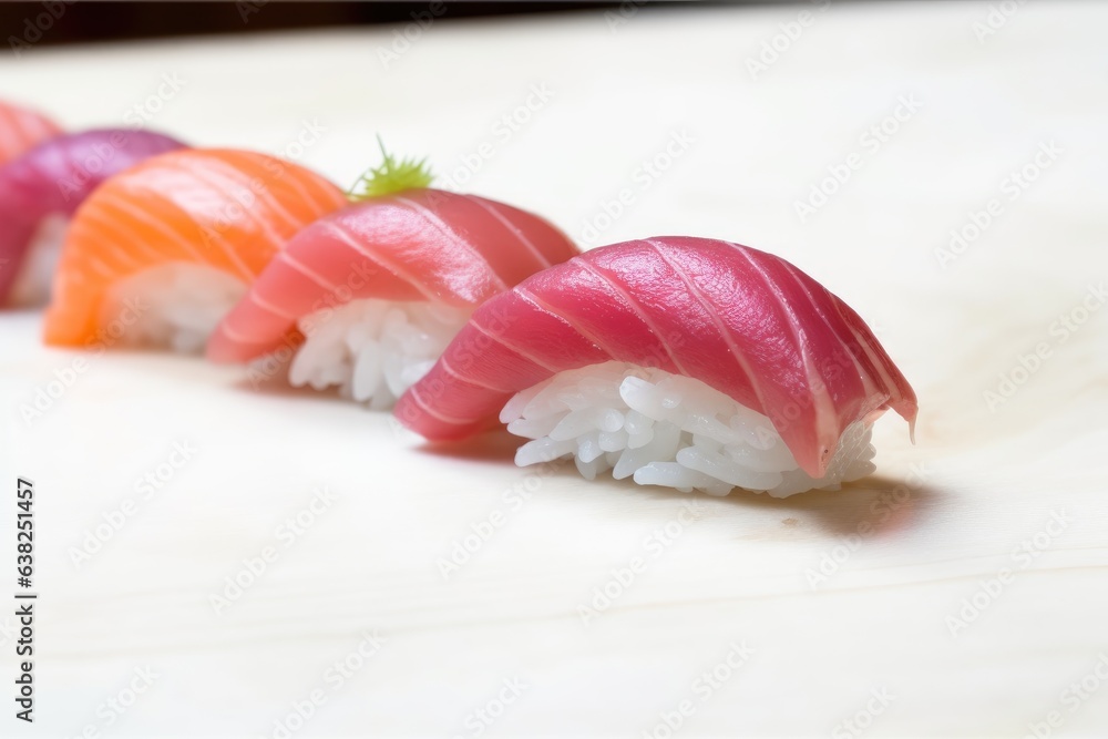 three sushi pieces on white background