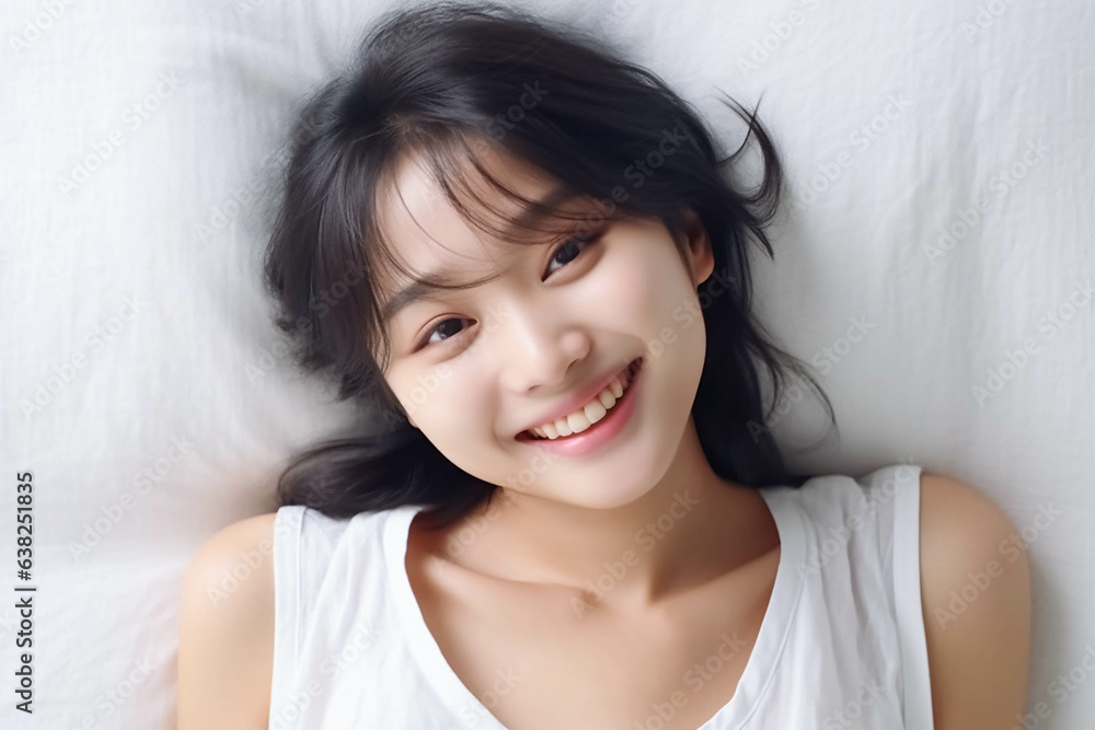 Pretty Asian young lady lies on indoor bed. She keeps eyes open and looks satisfied with positive thinking and smiling to camera. Generative AI. Pretty Asian young lady lies on indoor bed. She keeps eyes open and looks satisfied with positive thinking and smiling to camera. Generative AI.