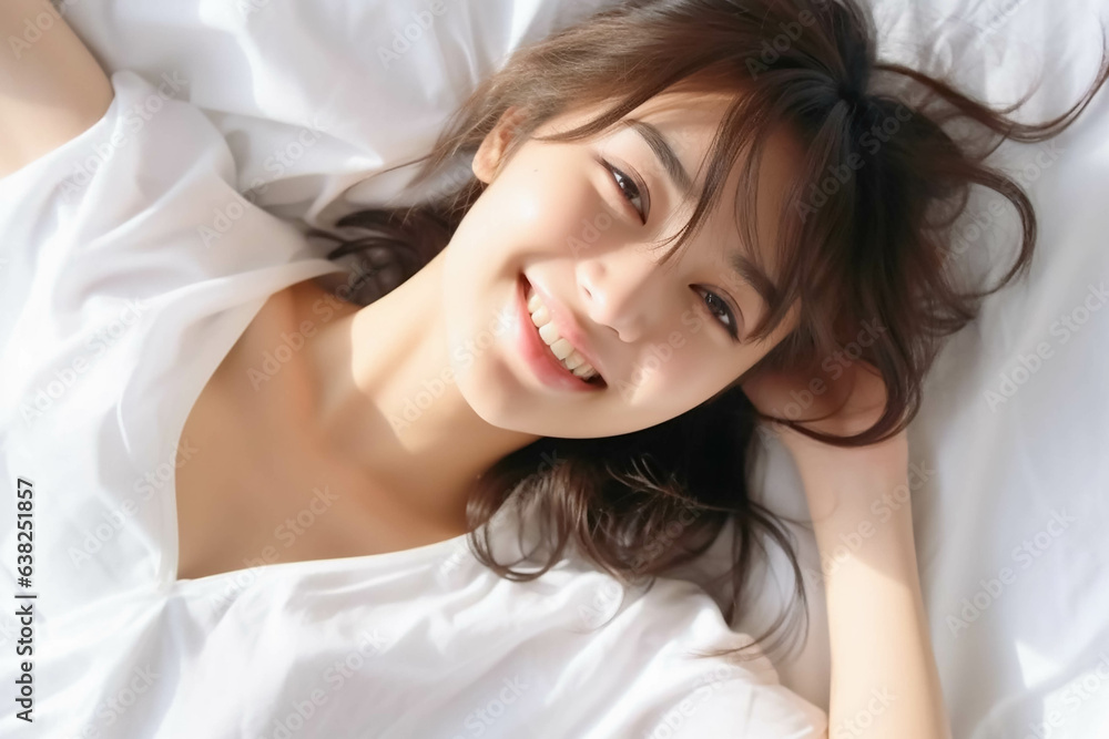 Pretty Asian young lady lies on indoor bed. She keeps eyes open and looks satisfied with positive thinking and smiling to camera. Generative AI. Pretty Asian young lady lies on indoor bed. She keeps eyes open and looks satisfied with positive thinking and smiling to camera. Generative AI.