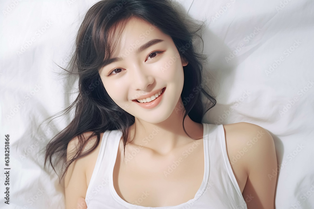 Pretty Asian young lady lies on indoor bed. She keeps eyes open and looks satisfied with positive thinking and smiling to camera. Generative AI. Pretty Asian young lady lies on indoor bed. She keeps eyes open and looks satisfied with positive thinking and smiling to camera. Generative AI.