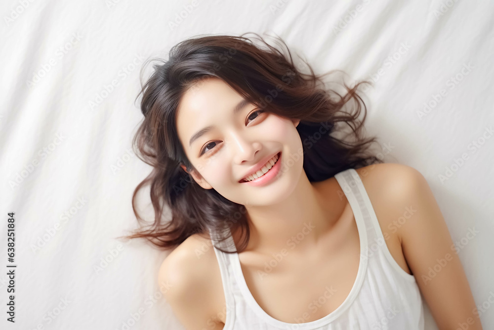 Pretty Asian young lady lies on indoor bed. She keeps eyes open and looks satisfied with positive thinking and smiling to camera. Generative AI. Pretty Asian young lady lies on indoor bed. She keeps eyes open and looks satisfied with positive thinking and smiling to camera. Generative AI.