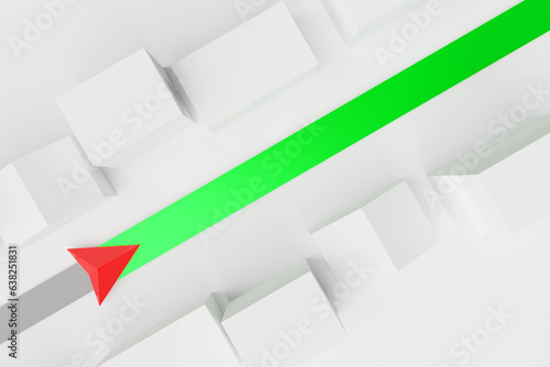 3d illustration of a directional trajectory icon with navigation neon markers, destination among city houses