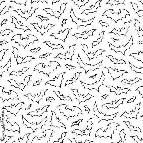 Black and white flying bats outline seamless pattern on transparent background