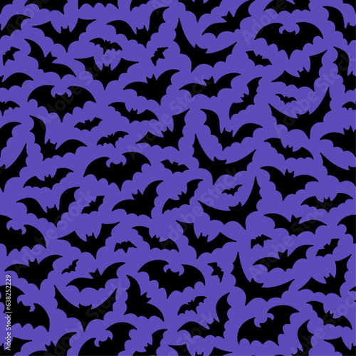 Flying bats silhouette seamless pattern on purple background