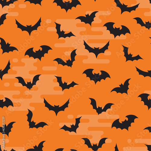Flying bats seamless pattern on orange sky background