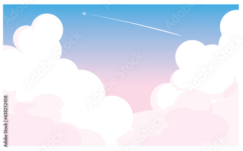 飛行機雲と入道雲とピンクと青の混ざった空の背景イラスト