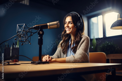 Businesswoman interviewed for a podcast. Woman podcaster making audio podcast from her studio.