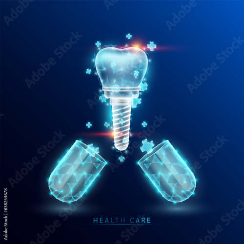 Dental implant blue and medical sign symbol blue cross float out capsule translucent glowing low polygonal triangle. Health care innovation treatment. On dark blue background modern design vector.