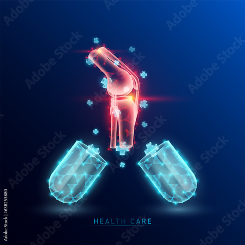 Human bone joint organ red and medical sign symbol blue cross float out capsule translucent glowing low polygonal triangle. Health care innovation treatment. On blue background modern design vector.