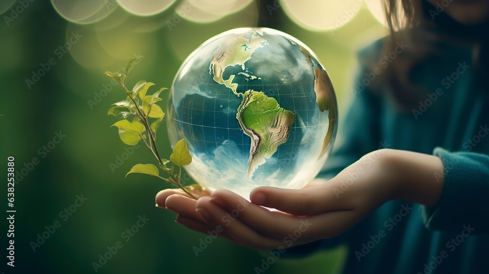 Growing a tree and the crystal earth globe are in the hands of a child. Banner for Earth Day with copy space. environmental, ecological, and planet-saving concepts. Generative AI. Growing a tree and the crystal earth globe are in the hands of a child. Banner for Earth Day with copy space. environmental, ecological, and planet-saving concepts. Generative AI.