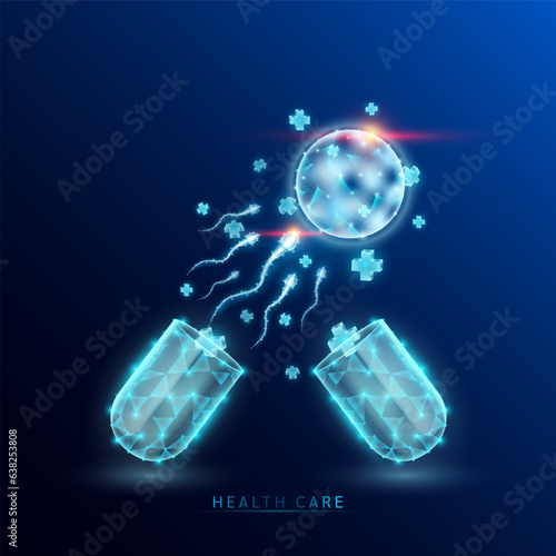 Sperm egg cells blue and medical sign symbol blue cross float out capsule translucent glowing low polygonal triangle. Health care innovation treatment. On dark blue background modern design vector.