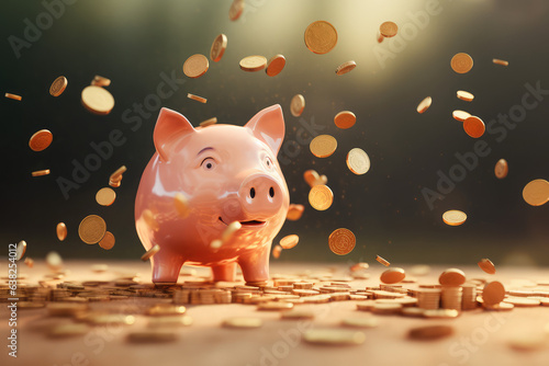 Piggy bank with falling coins. Savings and investment