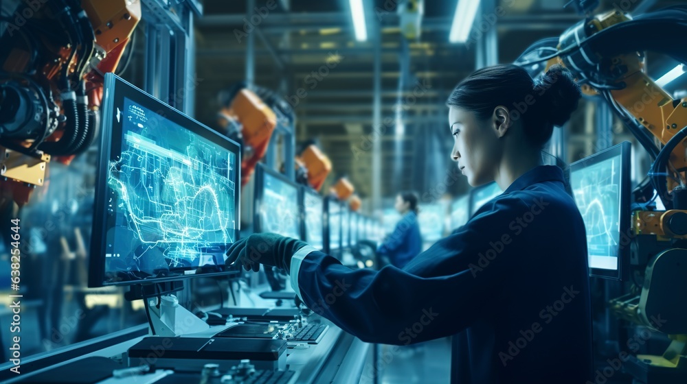 Modern Factory of Industry. Production line operator, a woman, uses a computer with screens that display artificial intelligence and machine learning to enhance the assembly process. Modern Factory of Industry. Production line operator, a woman, uses a computer with screens that display artificial intelligence and machine learning to enhance the assembly process.