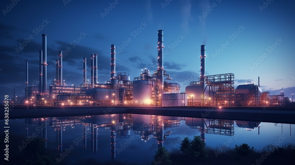 nighttime operations of an industrial refinery producing and processing crude oil.