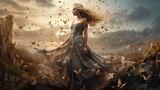 Beautiful woman in a flowing dress surrounded by butterflies