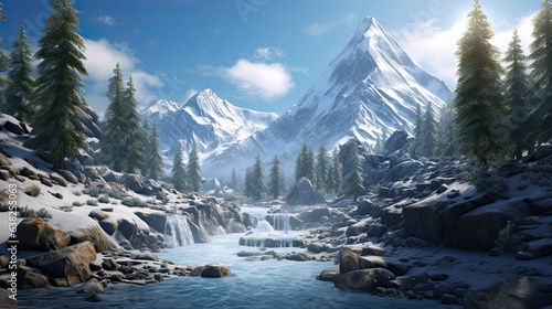 Winter scenery, pine trees and mountains, flowing river with a cascading waterfall, snowy glacial landscape, video game art, 3d art
