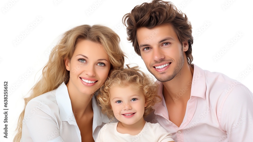 Close-up of three happy, pleased people enjoying a weekend getaway against a white background. The children are cuddling and leaning on their shoulders. Close-up of three happy, pleased people enjoying a weekend getaway against a white background. The children are cuddling and leaning on their shoulders.