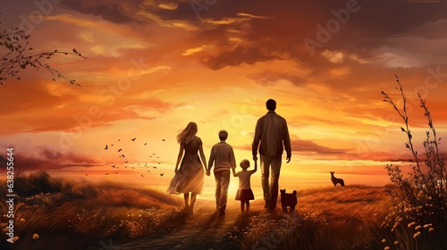 Happy family  mother  father  son  and daughter enjoying the sunset in the woods. Generative AI.