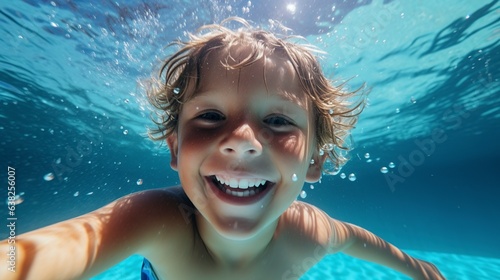 A contented young boy dives and swims in the pool. water sports, an active, healthful lifestyle. © KKC Studio