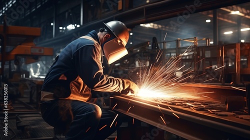 Wearing protective work wear, the worker is welding in the factory. photo