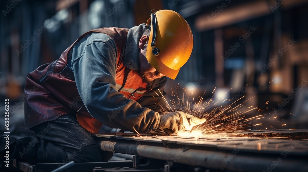 A man in a factory wears a welding helmet and is doing welding work. On the background of a large industrial factory. A man in a factory wears a welding helmet and is doing welding work. On the background of a large industrial factory.