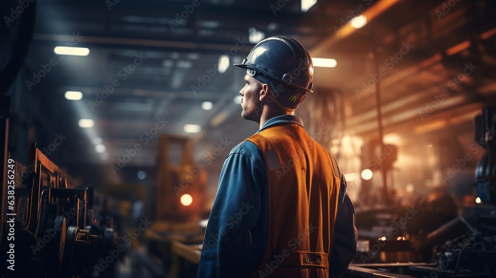 Expert heavy industrial engineer donning a hard hat and safety suit American industrial specialists employed in production facilities for metal building.