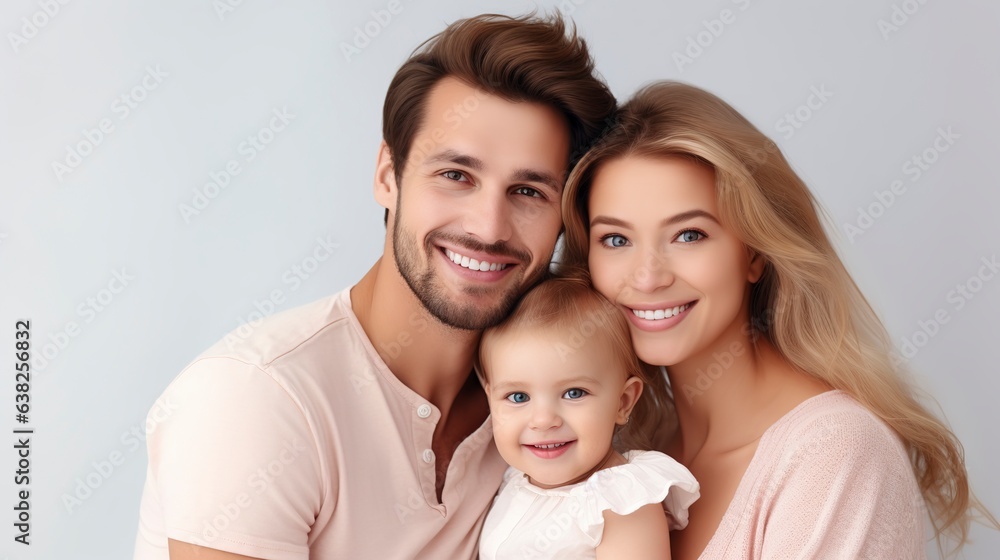 Happy family, father, mother, and daughter smiling in white outfits.