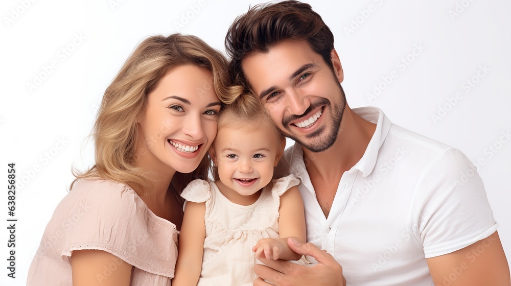 Happy family, father, mother, and daughter smiling in white outfits. Happy family, father, mother, and daughter smiling in white outfits.
