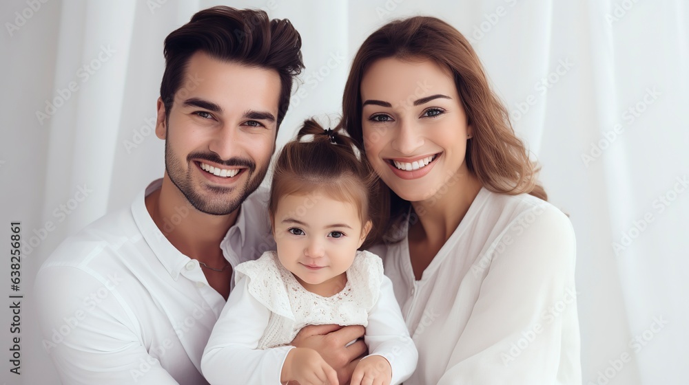 Happy family, father, mother, and daughter smiling in white outfits. Happy family, father, mother, and daughter smiling in white outfits.