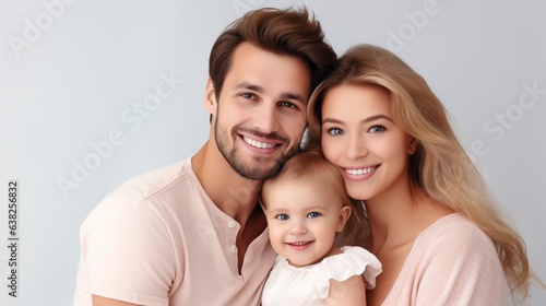 Happy family, father, mother, and daughter smiling in white outfits.