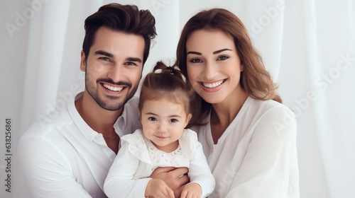 Happy family, father, mother, and daughter smiling in white outfits.