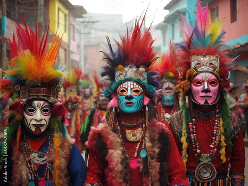 Festivities in Southamerica. Colorful carnival of people on the street.