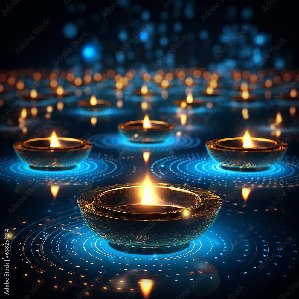 Happy Diwali, Polygonal technology Diwali Diya, background. Low poly blue, Generative ai