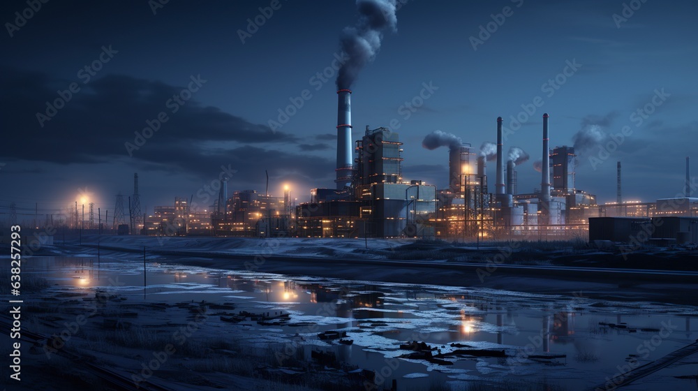 Smoke from factory chimneys reflects in the river during the evening hours. Air pollution in factories is caused via pipes. It is an issue with the environment.