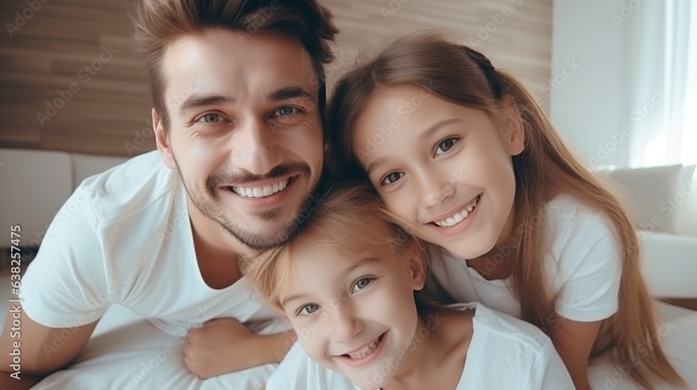 Close-up of three happy individuals wearing contemporary white t-shirts and an adorable kid they are cuddling and leaning on. Close-up of three happy individuals wearing contemporary white t-shirts and an adorable kid they are cuddling and leaning on.