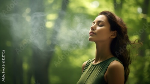 Portrait of a calm woman taking a breath of fresh air in a lush woodland. Generative AI.